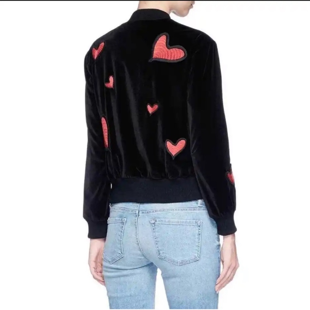 Alice + Olivia Embroidered Heart Velvet Velour Bomber Jacket Black - Small - Picture 2 of 10